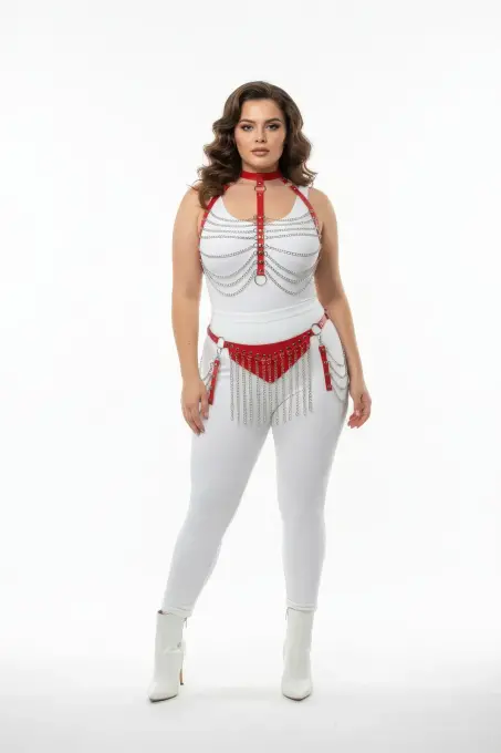 Büyük Beden Kırmızı Kadın Deri Harness Takım Zincir Detaylı Fantezi Aksesuar - APFT328 - 1