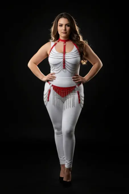 Büyük Beden Kırmızı Kadın Deri Harness Takım Zincir Detaylı Fantezi Aksesuar - APFT328 - 3