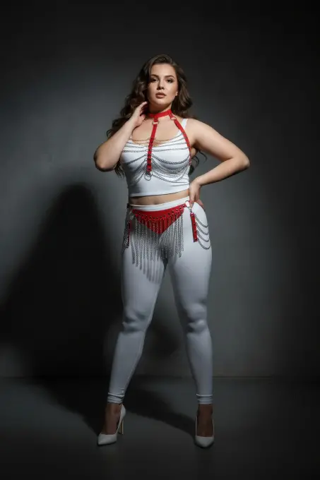 Büyük Beden Kırmızı Kadın Deri Harness Takım Zincir Detaylı Fantezi Aksesuar - APFT328 - 4