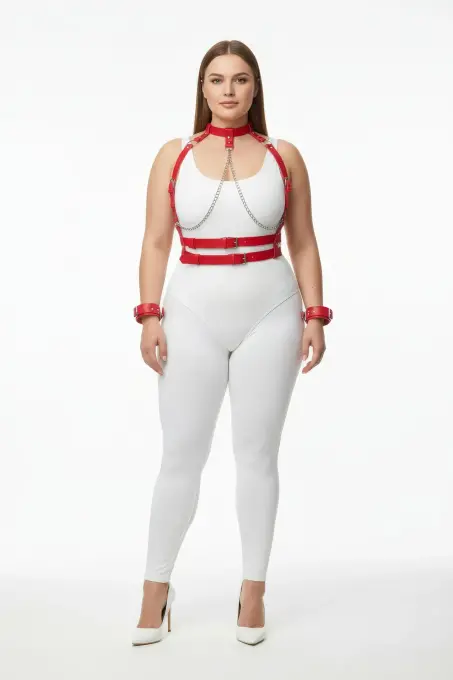 Büyük Beden Kırmızı Kadın Deri Harness Takım Zincir Detaylı Fantezi Aksesuar - APFT720 - 1