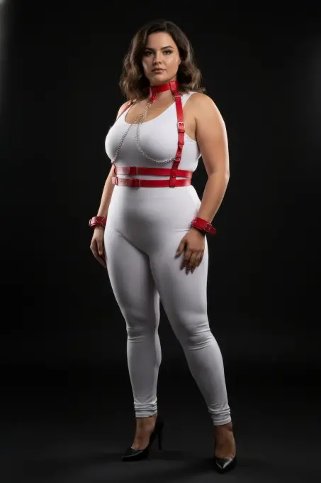 Büyük Beden Kırmızı Kadın Deri Harness Takım Zincir Detaylı Fantezi Aksesuar - APFT720 - 3