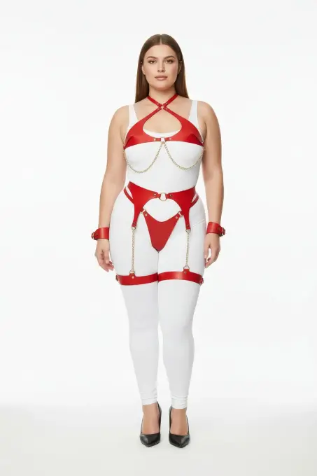 Büyük Beden Kırmızı Kadın Deri Harness Takım Zincir Detaylı Jartiyerli - APFT1219 - 1