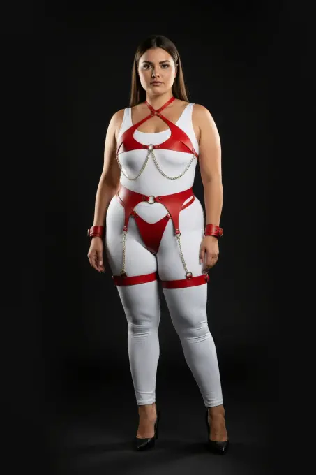 Büyük Beden Kırmızı Kadın Deri Harness Takım Zincir Detaylı Jartiyerli - APFT1219 - 2