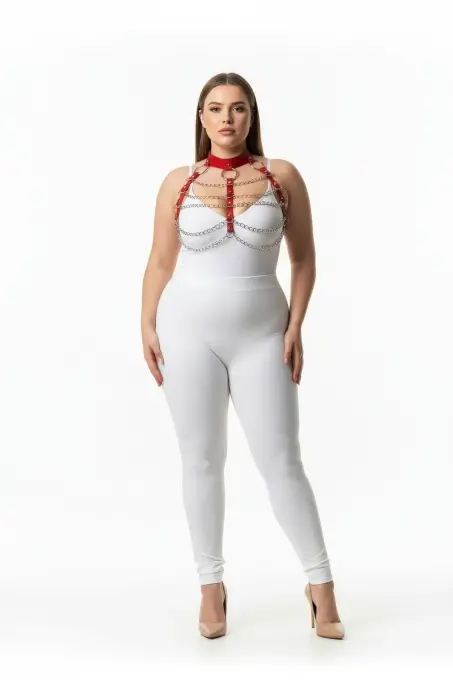 Büyük Beden Kırmızı Kadın Deri Harness Takım Zincir Detaylı Şık Aksesuar - APFT1285 - 1