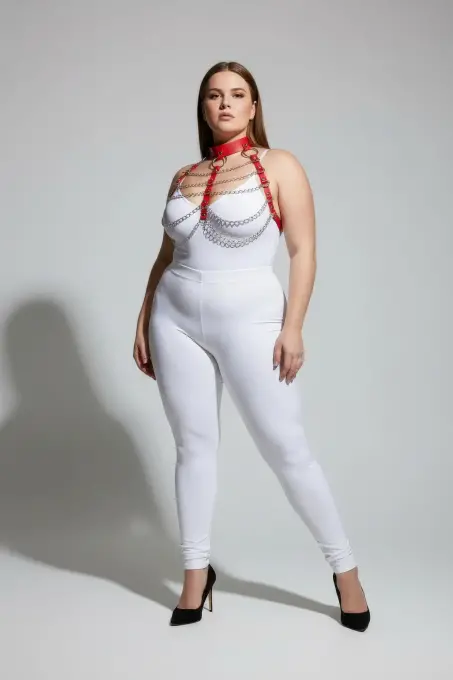 Büyük Beden Kırmızı Kadın Deri Harness Takım Zincir Detaylı Şık Aksesuar - APFT1285 - 2