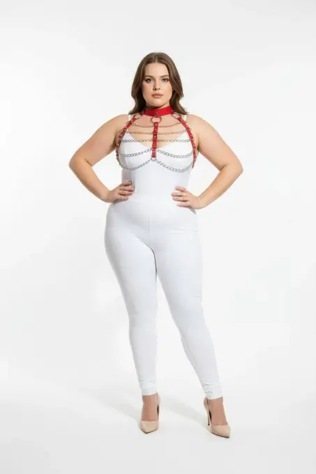 Büyük Beden Kırmızı Kadın Deri Harness Takım Zincir Detaylı Şık Aksesuar - APFT1285 - 3