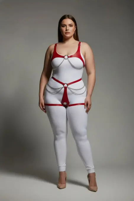 Büyük Beden Kırmızı Kadın Deri Harness Takım Zincir Detaylı Vücut Aksesuarı - APFT1384 - 1