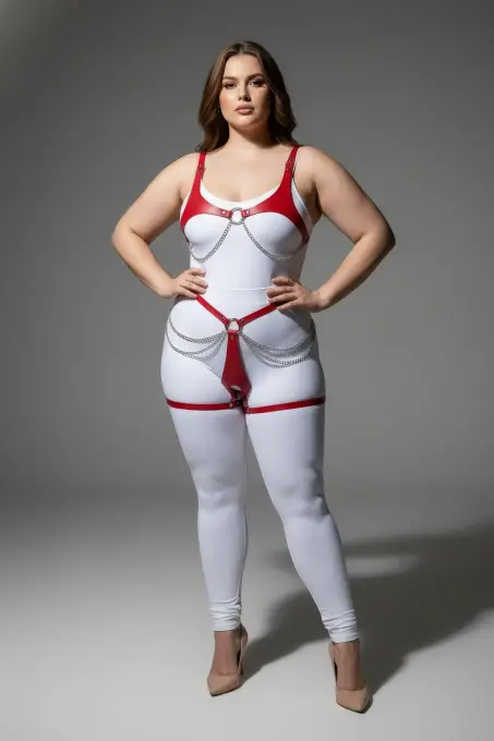 Büyük Beden Kırmızı Kadın Deri Harness Takım Zincir Detaylı Vücut Aksesuarı - APFT1384 - 3