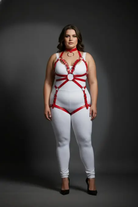 Büyük Beden Kırmızı Kadın Deri Harness Takım Zincir ve Jartiyer Detaylı - APFT781 - 4