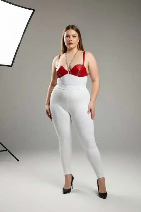 Büyük Beden Kırmızı Kadın Deri Harness Takım Zincir ve Zımba Detaylı Fantazi Sütyen Aksesuarı - APFT1380 - 1