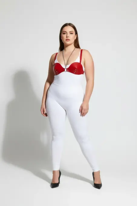 Büyük Beden Kırmızı Kadın Deri Harness Takım Zincir ve Zımba Detaylı Fantazi Sütyen Aksesuarı - APFT1380 - 2