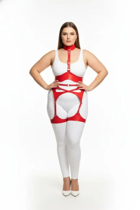 Büyük Beden Kırmızı Kadın Deri Jartiyerli Fantezi Harness Takım - APFT1196 - 1