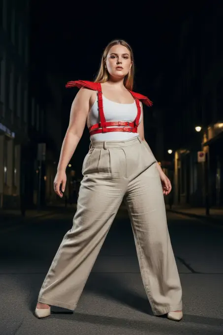 Büyük Beden Kırmızı Kadın Deri Kemer Omuz Detaylı Harness Vücut Aksesuarı - APFT717 - 3