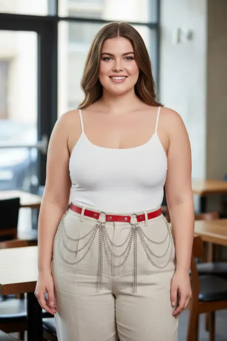 Büyük Beden Kırmızı Kadın Deri Kemer Zincir Detaylı Kombin Aksesuarı - APFT729 - 1