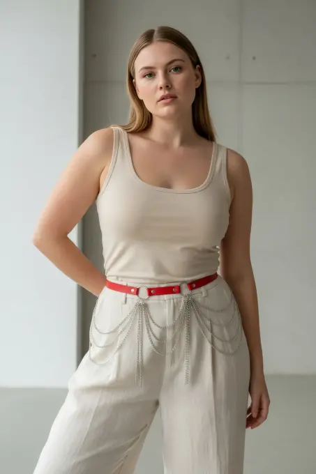 Büyük Beden Kırmızı Kadın Deri Kemer Zincir Detaylı Kombin Aksesuarı - APFT729 - 2