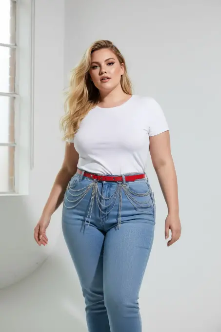 Büyük Beden Kırmızı Kadın Deri Kemer Zincir Detaylı Kombin Aksesuarı - APFT729 - 3