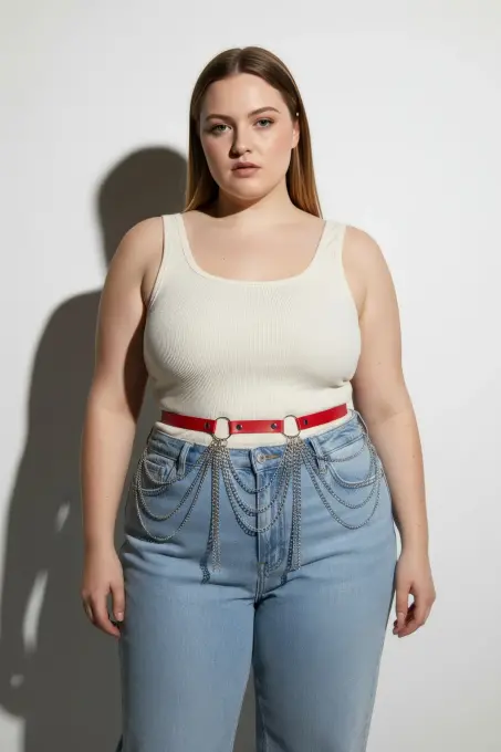 Büyük Beden Kırmızı Kadın Deri Kemer Zincir Detaylı Kombin Aksesuarı - APFT729 - 4