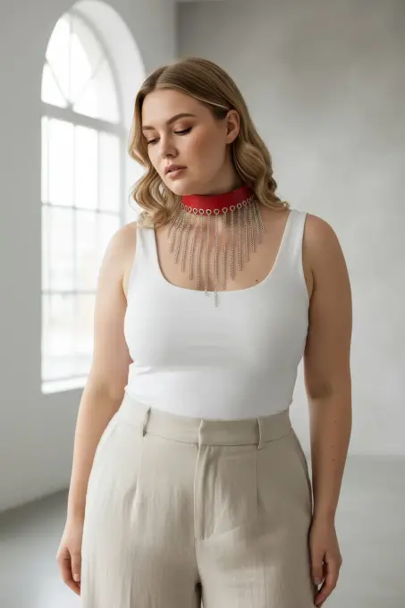 Büyük Beden Kırmızı Kadın Deri Kemer Zincir Püskül Detaylı Şık Aksesuar - APFT629 - 3