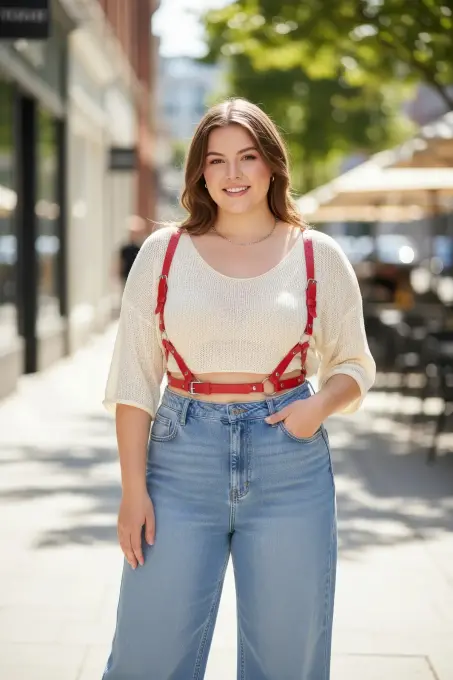 Büyük Beden Kırmızı Kadın Deri Vücut Kemeri Ayarlanabilir Strappy Tasarım - APFT938 - 1