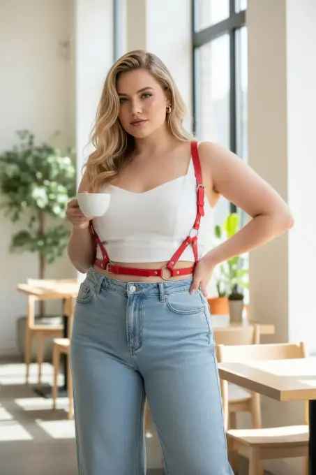 Büyük Beden Kırmızı Kadın Deri Vücut Kemeri Ayarlanabilir Strappy Tasarım - APFT938 - Angels Passion (1)