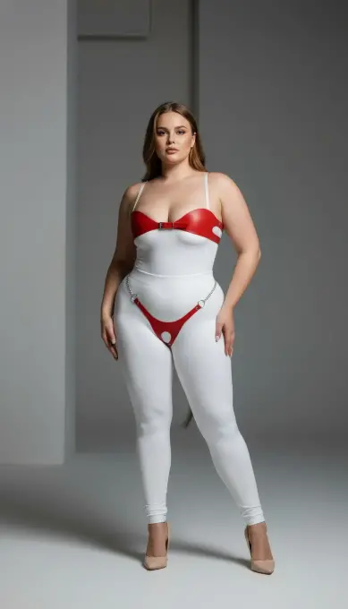 Büyük Beden Kırmızı Kadın Deri Zincir Detaylı Fantezi Harness Takım - APFT1234 - 1