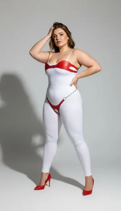 Büyük Beden Kırmızı Kadın Deri Zincir Detaylı Fantezi Harness Takım - APFT1234 - 2