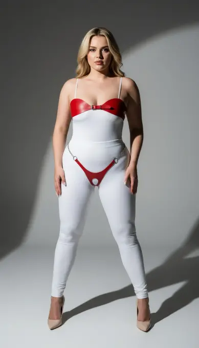 Büyük Beden Kırmızı Kadın Deri Zincir Detaylı Fantezi Harness Takım - APFT1234 - 3