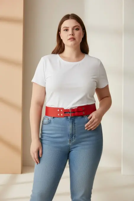 Büyük Beden Kırmızı Kadın Geniş Kemer Çift Tokalı Deri Kombin Tamamlayıcı - APFT1203 - 3