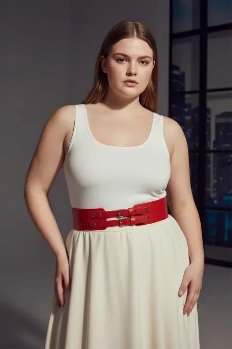 Büyük Beden Kırmızı Kadın Geniş Kemer Çift Tokalı Deri Kombin Tamamlayıcı - APFT1203 - 4