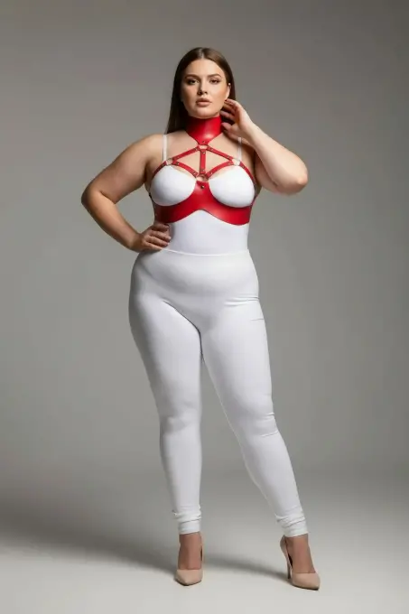 Büyük Beden Kırmızı Kadın Harness Takım Boyunluk Detaylı Deri Fantezi - APFT1237 - 1