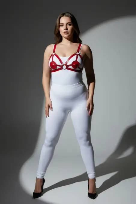 Büyük Beden Kırmızı Kadın Harness Takım Deri Halka Detaylı Fantezi Aksesuar - APFT112 - 4