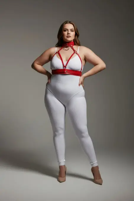 Büyük Beden Kırmızı Kadın Harness Takım Fantezi Deri Yaka Detaylı Vücut Aksesuarı - APFT841 - 1