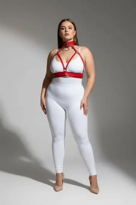 Büyük Beden Kırmızı Kadın Harness Takım Fantezi Deri Yaka Detaylı Vücut Aksesuarı - APFT841 - 2