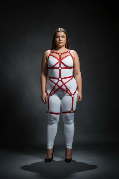 Büyük Beden Kırmızı Kadın Harness Takım Full Body Deri Fantezi Aksesuar - APFT894 - 4