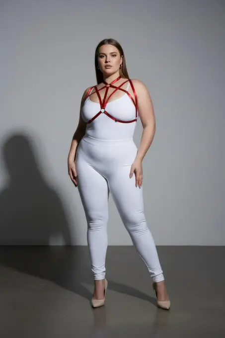 Büyük Beden Kırmızı Kadın Harness Takım Halka Detaylı Lastik Fantezi Aksesuar - APFT166 - 3