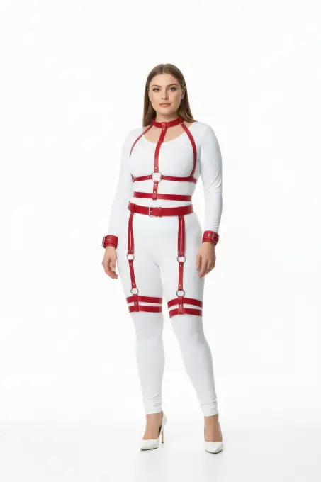 Büyük Beden Kırmızı Kadın Harness Takım Jartiyerli ve Halka Detaylı - APFT697 - 1