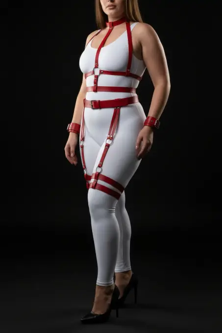 Büyük Beden Kırmızı Kadın Harness Takım Jartiyerli ve Halka Detaylı - APFT697 - 3