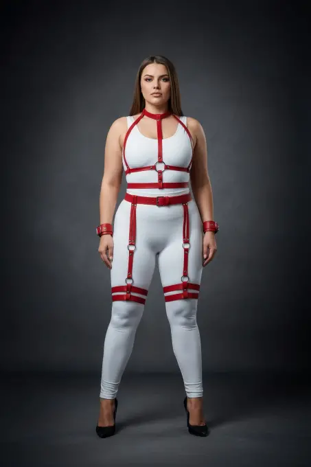 Büyük Beden Kırmızı Kadın Harness Takım Jartiyerli ve Halka Detaylı - APFT697 - 4