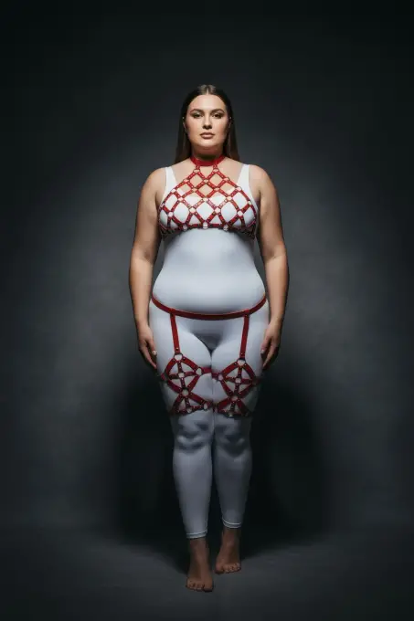 Büyük Beden Kırmızı Kadın Harness Takım Jartiyerli Zımba Detaylı Fantezi - APFT460 - 4