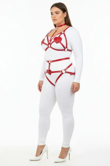 Büyük Beden Kırmızı Kadın Harness Takım Kalp Detaylı Fantezi Deri Vücut Aksesuarı - APFT467 - 2