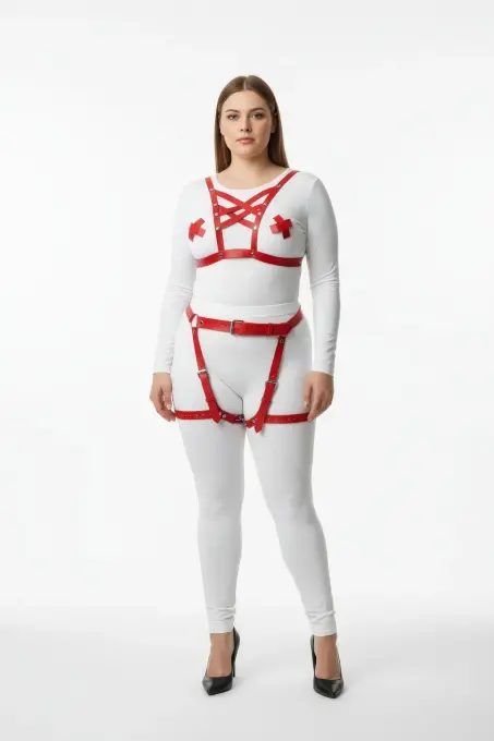 Büyük Beden Kırmızı Kadın Harness Takım Seksi Deri Jartiyerli - APFT866 - 1