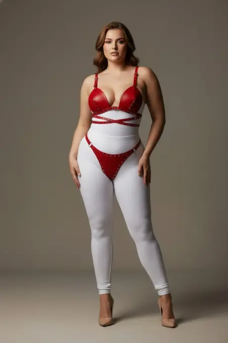 Büyük Beden Kırmızı Kadın Harness Takım Seksi Deri Zımba Detaylı - APFT849 - 1