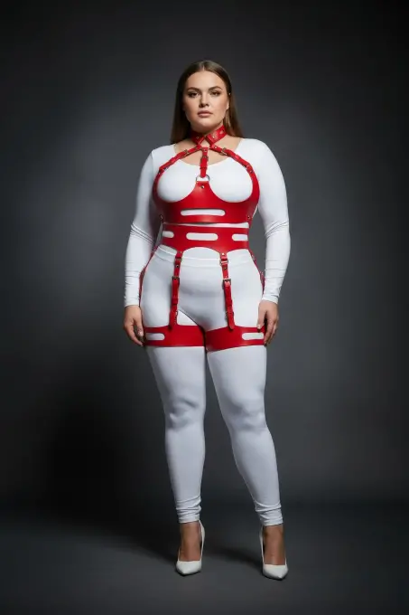 Büyük Beden Kırmızı Kadın Harness Takım Seksi Fantezi Deri Jartiyer Detaylı - APFT1302 - 2