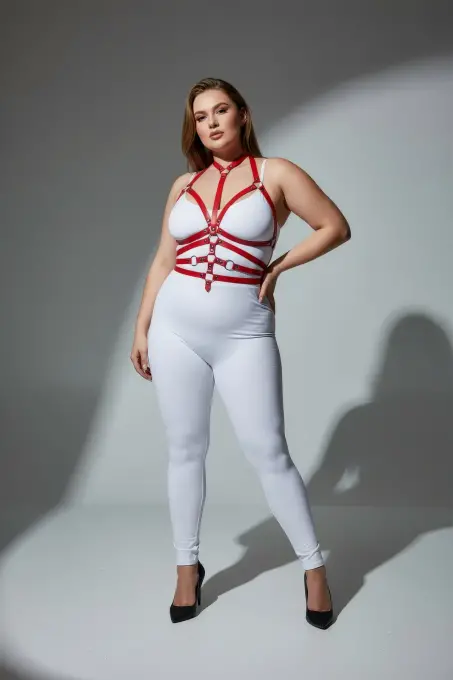 Büyük Beden Kırmızı Kadın Harness Takım Tam Vücut Ayarlanabilir Deri Aksesuarı - APFT24 - 3