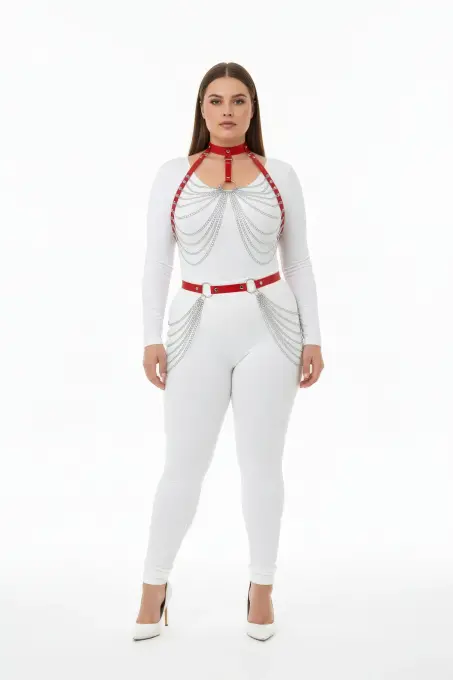 Büyük Beden Kırmızı Kadın Harness Takım Zincir Detaylı Deri Fantezi Vücut Aksesuarı - APFT701 - 1