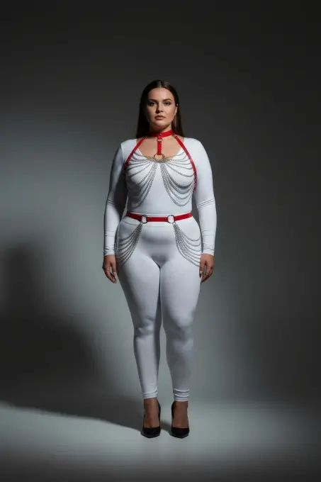 Büyük Beden Kırmızı Kadın Harness Takım Zincir Detaylı Deri Fantezi Vücut Aksesuarı - APFT701 - 3