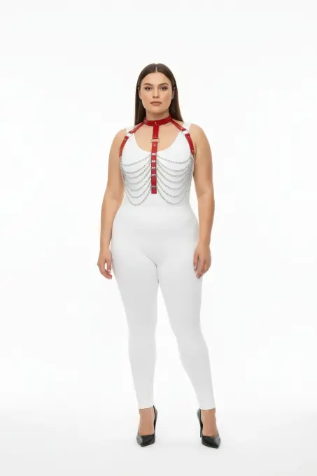 Büyük Beden Kırmızı Kadın Harness Takım Zincir Detaylı Deri Vücut Aksesuarı - APFT721 - 1