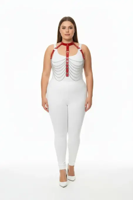 Büyük Beden Kırmızı Kadın Harness Takım Zincir Detaylı Deri Vücut Aksesuarı - APFT721 - 2