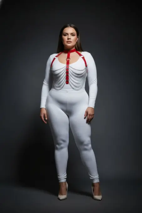 Büyük Beden Kırmızı Kadın Harness Takım Zincir Detaylı Deri Vücut Aksesuarı - APFT721 - 4