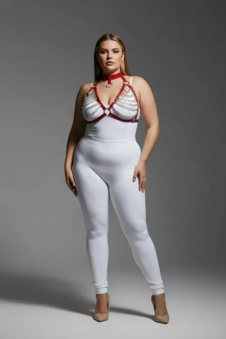 Büyük Beden Kırmızı Kadın Harness Takım Zincir Detaylı Fantezi Choker Yaka - APFT945 - 1